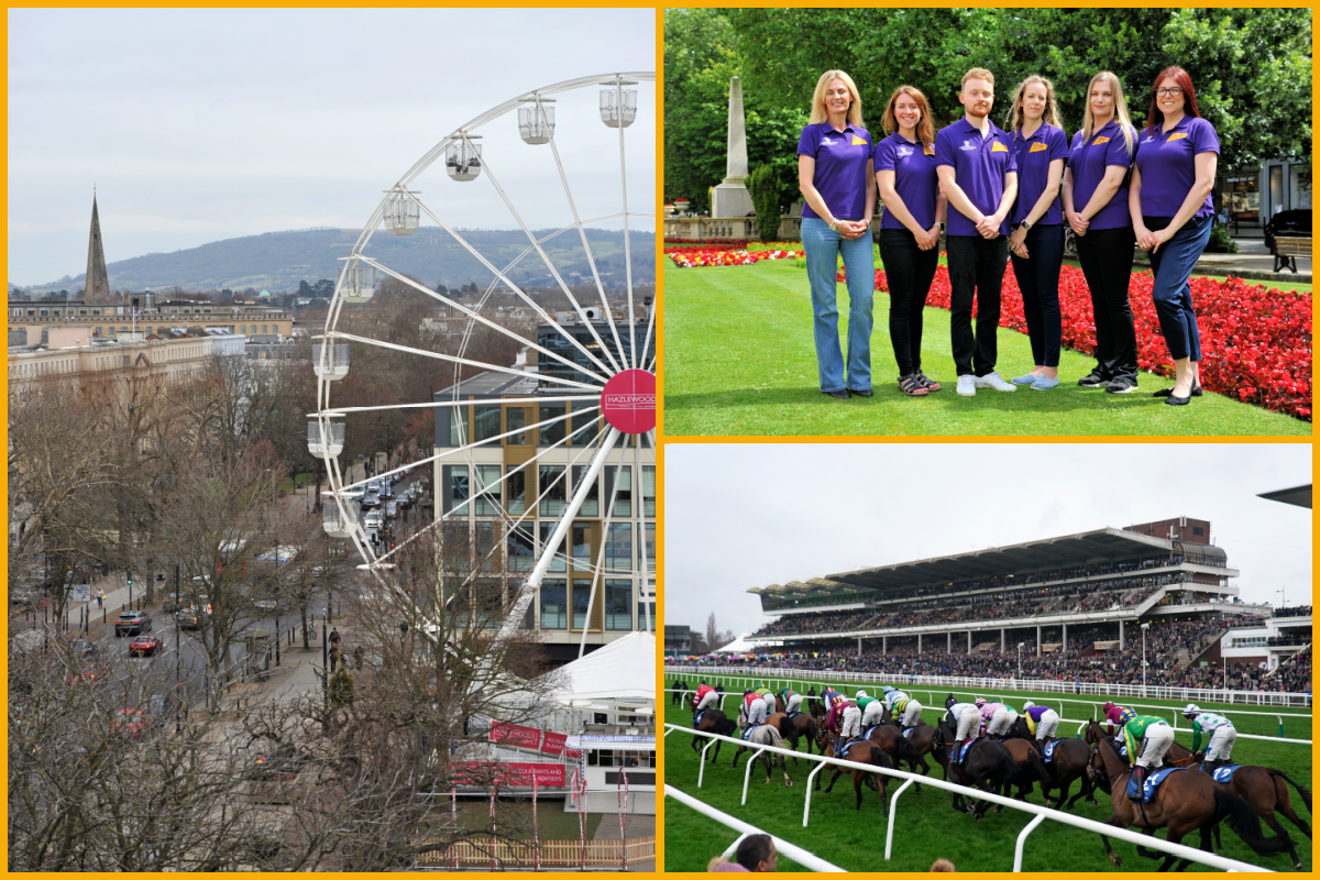 Collage of images. The Visit Cheltenham team, Cheltenham big wheel and horse racing
